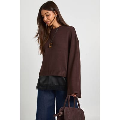 boohoo Dames Gebreide trui met ronde hals en uitlopende mouwen | Chocoladebruin | Maat: Large