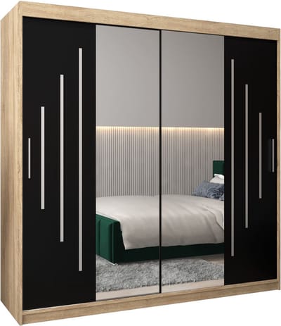 InspireMe - Kledingkast met 2 schuifdeuren, Modern-stijl, Een kledingkast met planken en een spiegel (BxHxD): 200x200x62 - MALTESE I 200 Sonoma Eik + Zwart Mat