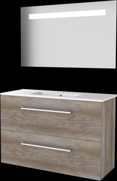 Basic-Line Economic 39 Badkamermeubelset - Ondiep - 100 x 39 cm - Met Grepen - 2 Lades - Keramische Wastafel - 1 Kraangat - Spiegel met LED Verlichting - Scotch Oak