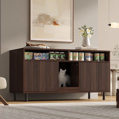 Komhtom Kast voor kattenbak met Zandopvang mat Huisdierkast met Opbergruimte Huisdierdressoir en TV kast Zonder kattenbakbak Afmeting 120 x 50 x 66 cm Notenkleur