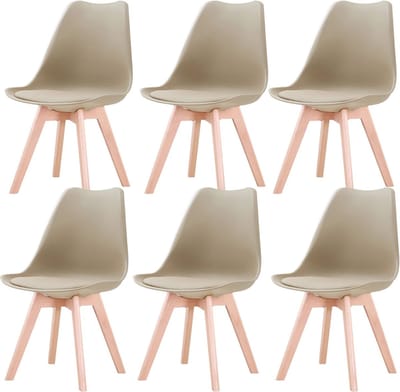 Set van 6 Eetkamerstoelen – Gestoffeerde Stoelen met Beukenhouten Poten – Stijlvolle Bureaustoelen voor Eetkamer, Slaapkamer, Balkon of Restaurant - Khaki