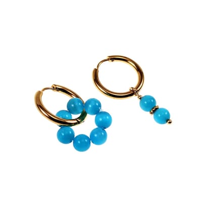 ∅19mm Oorringen Dames - Natuurlijke Kattenoog Steen Turquoise - Verguld RVS - Oorbellen met Kralen Hangers