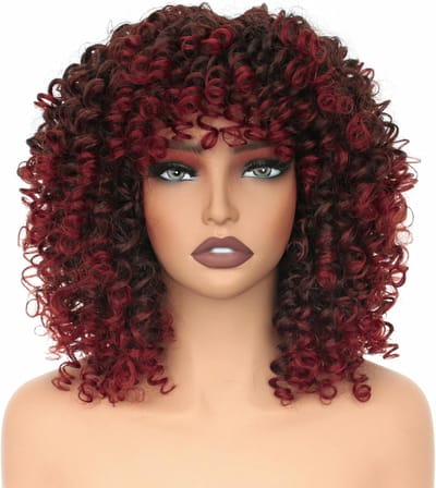 Krullende Pruik - Afro Haarstuk - Dagelijks Gebruik - Natuurlijk Kunsthaar - 35 cm Schouderlengte - Wijnrood