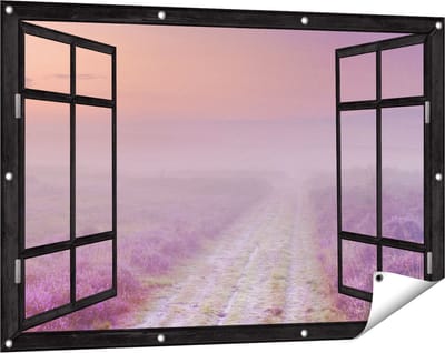 Gards Tuinposter Doorkijk Pad in de Weide tijdens de Mist - 120x80 cm - Tuindoek - Tuindecoratie - Wanddecoratie buiten - Tuinschilderij