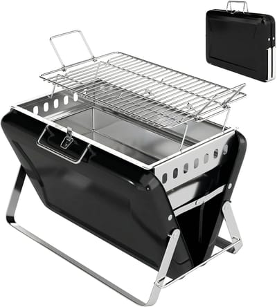 Roestvrijstalen houtskoolbarbecue/rookoven met grillrooster, handvat en opvouwbare poten voor barbecues en kamperen, 40 x 28 x 25,5 cm, zwart