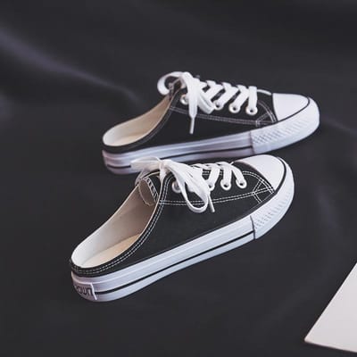 Lui Halve Pantoffels Dames Lente Nieuwe Trendy Schoenen Zonder Hakken Gevulkaniseerde Schoenen Canvas Schoenen 38 zwart