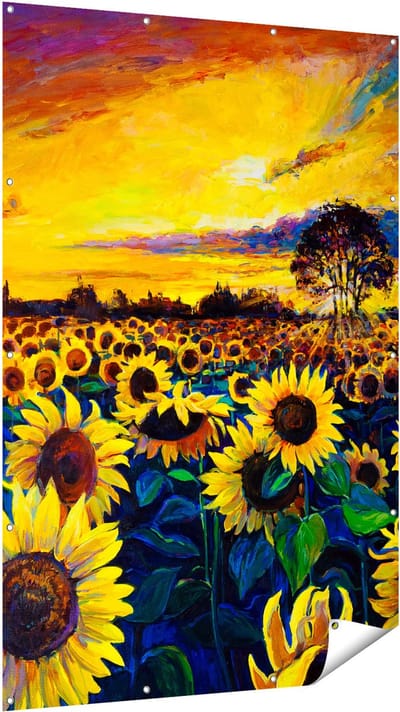 Gards Tuinposter Getekende Zonnebloemen Veld met Olieverf - 120x180 cm - Tuindoek - Tuindecoratie - Wanddecoratie buiten - Tuinschilderij
