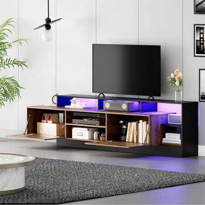 STILVORA - Modern TV-meubel met LED, 2 Deuren en Open Opbergruimte - Voor televisies tot 70 inch - Voor woonkamer en slaapkamer - 190x40x48.5 cm - Spaanplaat - Houtkleur + Zwart