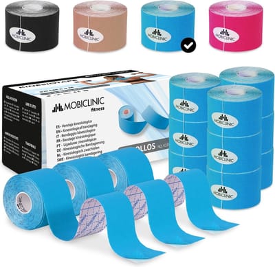 Mobiclinic - Pak van 12 Kinesiotape - Mobitape - Neuromusculaire Kleefbandage - Spierpijnbestrijding - Elastisch - Waterdicht - Kinesiologie Bandage - Geschikt voor Meerdere Zones - Rol - 5x5cm - Blauw