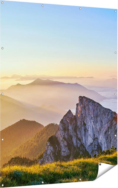 Gards Tuinposter Zonsopkomst in de Bergen in de Alpen - 120x160 cm - Tuindoek - Tuindecoratie - Wanddecoratie buiten - Tuinschilderij