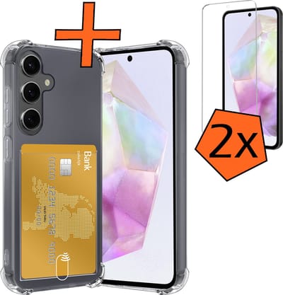 Hoes - Geschikt voor Samsung Galaxy A35 - Met 2x Screenprotector - Pashouder - Kaarthouder - Telefoon Hoesje Shockproof - Siliconen Case - Back Cover - Shock Proof - Pasjes Houder - Transparant