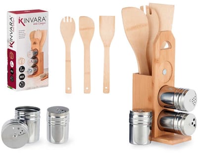Kinvara - Keukengerei Set - Kookgerei met Houder - Bamboe - incl. Peper- & Zoutstel - 7-Delig