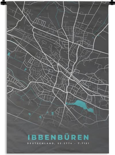 Wandkleed - Wanddoek - Ibbenbüren – Stadskaart – Blauw – Plattegrond – Stadskaart – Kaart - Duitsland - 120x180 cm - Wandtapijt