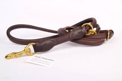 Dog's Companion - Leren Politielijn Hond, 220cm, messing - Lengte: 220cm (12 mm), Kleur: Bruin - Verstelbaar op 130-170-210 cm