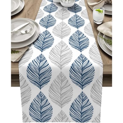 Marineblauw en Grijs Bladtextuur Linnen Tafel Runner Grijs Abstracte Kunst Bladeren Commode Sjaal Tafel Decoratie Bruiloft Eetfeest Decoratie 150x33cm white