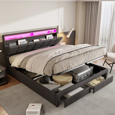Gestoffeerd bed 160x200 cm met LED-verlichting, tweepersoonsbed met opbergruimte en lattenbodem, bedframe met 2 laden, linnen grijs, boxspring bed zonder matras, geschikt als jongerenbed