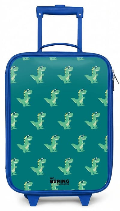 NoBoringSuitcases.com® - Kinderkoffer blauw - Kindertrolley jongen - Tyranosaurus specs - Koffer kind lichtgewicht - Reiskoffer trolley voor kinderen - Koffertje met lichtgevende wieltjes - Rolkoffer