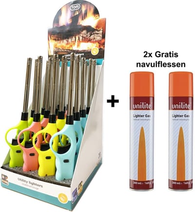Gasaansteker navulbaar - keuken /  bbq aanstekers - display 20 stuks + 2 x gratis gasflessen