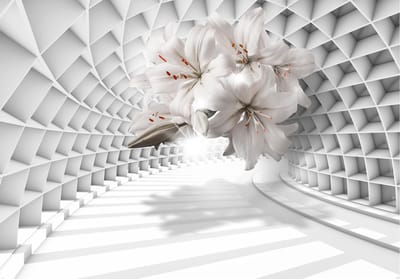 Fotobehangkoning - Behang - Vliesbehang - Fotobehang - Flowers in the Tunnel - 3D Lelies in de Tunnel - Bloemen - 150 x 105 cm