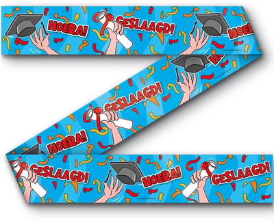 BTH – Hoera Geslaagd Afzetlint – Blauw-Rood-Geel – Party Tape – Cartoon Decoratie – Geslaagd Versiering – Afstuderen – 12m
