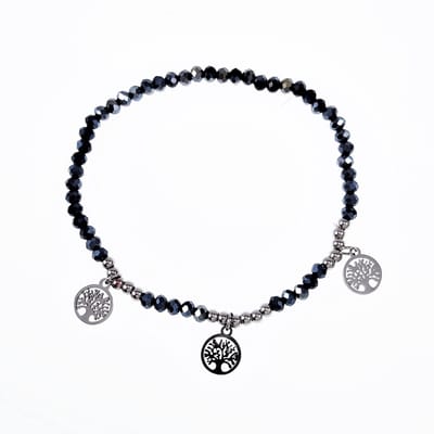 Elastische Armband Dames - Blauwgrijze Facet Geslepen Glaskralen - RVS Zilverkleur - Levensboom
