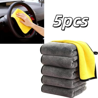 5 stuks - Microvezel autowasdoek - Verdikt en compact - Sneldrogende dubbelzijdige autodoek - Reinigingsdoek - 30*40 cm - Geschikt voor thuis, autowassen en huisdieren - Geel