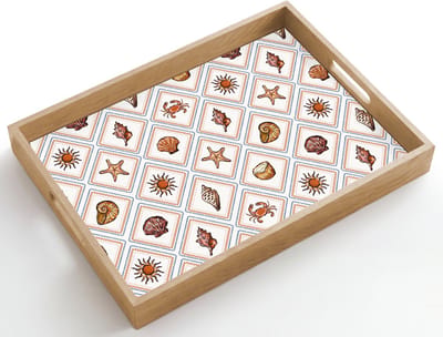 Dienblad hout 50x35 cm - Schootdienblad - Kust - Zee - Kokosnoot- Schelp - Borrelplank rechthoek - Plateau dienbladen