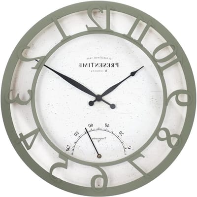 Wandklok met thermometer - Buitenklok weerstation - Buiten decoratie - Weerbestendig ontwerp - 33 cm diameter - Olijf/Salie Groen
