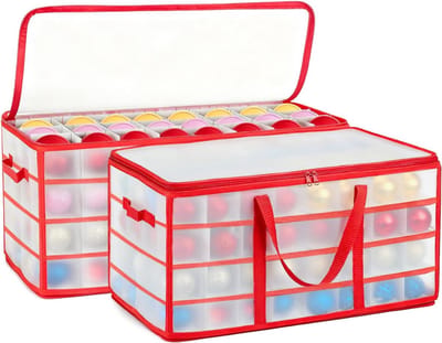 Famanu - Opbergdoos voor kerstballen, opbergdoos voor kerstversieringen, 128 boxen, modulaire verdelers, 67 x 34 x 34 cm, Semi-transparant goudkleurig