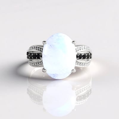 Cavill - Ovale Regenboog Maansteen Ring 6,225 ct - 925 Sterling Zilver - Geplatineerd - 8 Zwarte Spinels 0,236 ct - Elegante Edelsteenring