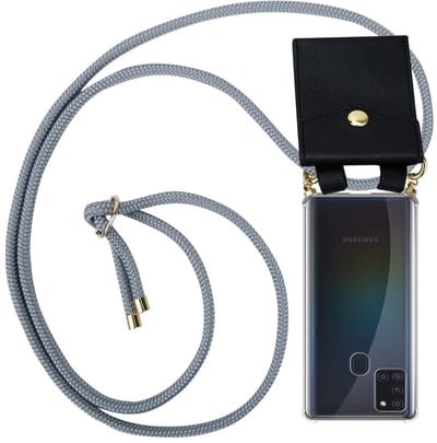 Cadorabo Hoesje geschikt voor Samsung Galaxy A21s in ZILVER GRIJS - Silicone Mobiele telefoon ketting beschermhoes met gouden ringen, koordriem en afneembare etui