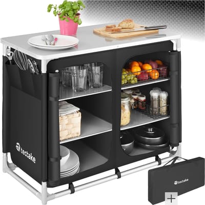 tectake® campingkeuken- opvouwbare campingkast- reiskeuken- keukenkast met werkblad en opbergvakken voor buitenkeuken- voortent, caravan of autocamping - met draagtas - zwart