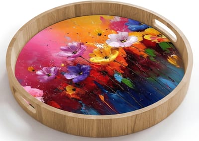 Dienblad rond 40x40 cm - Schootdienblad hout - Fantasiebloemen - Verf - Speels - Borrelplank rechthoek - Plateau houten dienbladen
