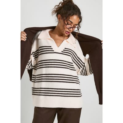 boohoo Dames Zachte gebreide trui met gestreepte polo kraag | Ecru | Maat: Small