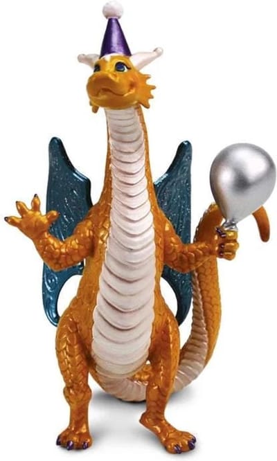 Feestdraak - Draak van de party - Safari - 14 cm - Feestdier - Verjaardag draak met ballon en feesthoedje