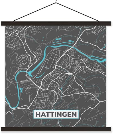 Posterhanger incl. Poster 120x120 cm - Schoolplaat - Stadskaart – Hattingen – Duitsland – Plattegrond – Kaart - Textielposter - Zwarte latten - Stadskaart