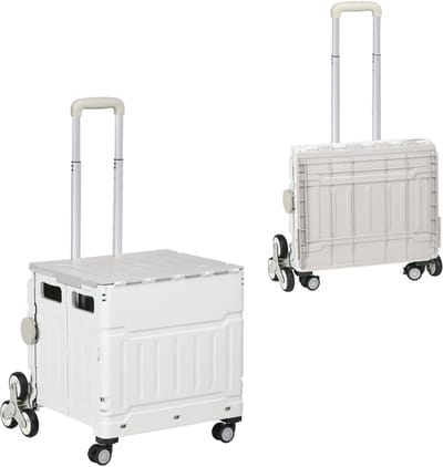 Opvouwbare Boodschappenwagen Met Traplift – Mobiele Transportbox, Telescopische Handgreep, Draagvermogen 65 kg, Wit