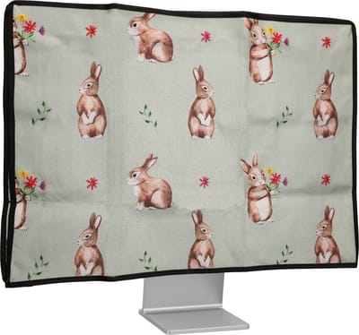 kwmobile stoffen beschermhoes voor monitor - geschikt voor 20-22" Monitor - Afdekhoes van linnen - In wit / bruin / grijsgroen Konijntjes en Bloemen design