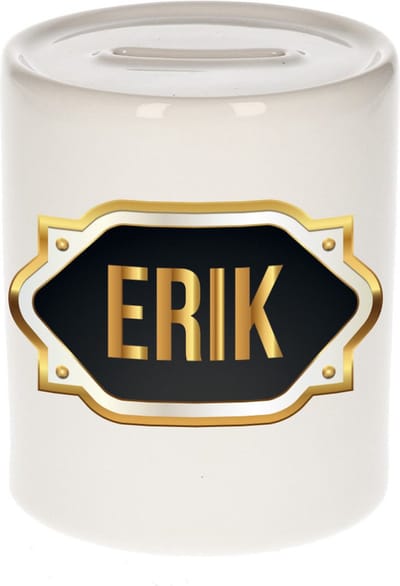 Spaarpot met voornaam Erik - wit - met goud/zwart embleem - 8 x 9 cm - keramiek - met afsluitdop - cadeau verjaardag