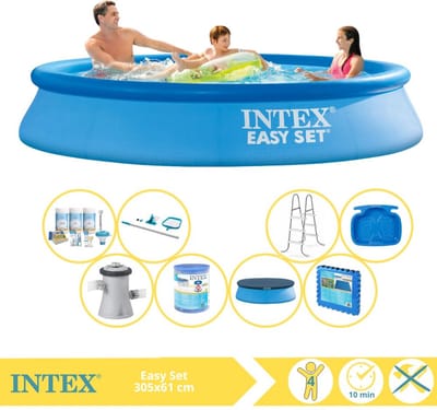 Intex Rond Opblaasbaar Easy Set Zwembad - 305 x 61 cm - Blauw - Inclusief Afdekzeil - Onderhoudspakket - Zwembadfilterpomp - Filter - Schoonmaakset - Ladder - Voetenbad - Vloertegels - 9-delig