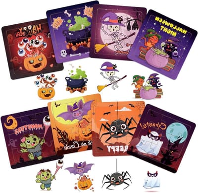 Halloween Houten Puzzels - Puzzelspel Kinderpuzzel - Educatief Spelen - 8 Stuks Halloween Thema - 11x11cm - Kleurrijk