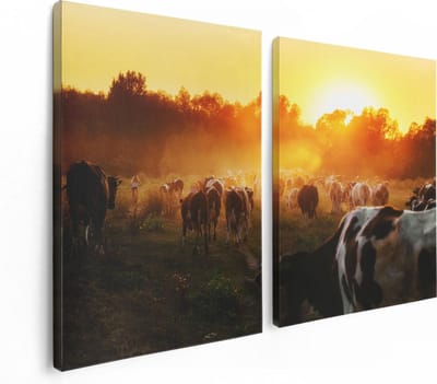 Artaza Canvas Schilderij Tweeluik Kudde Koeien In Weiland Bij Zonsondergang - 120x80 - Foto Op Canvas - Canvas Print
