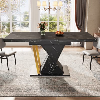 Sweiko Eettafel - Uitschuifbaar 140 cm - Marmerlook - Geschikt voor 6 personen - Zwart