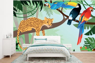 Behang babykamer - Fotobehang Jungle dieren - Toekan - Jongens - Meiden - Luipaard - Breedte 400 cm x hoogte 300 cm
