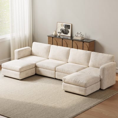 Guyii Modern Bankstel 4-zits + 2 Opbergpoefs - Memoryschuim - Antislip poten - U-bank 326 cm