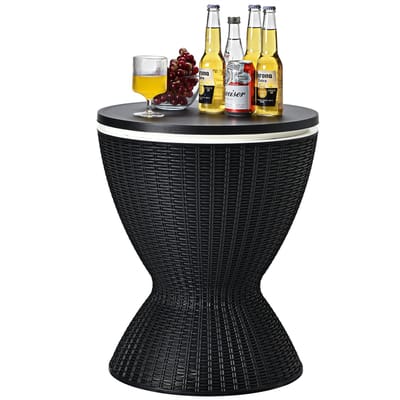 COSTWAY 3-in-1 Cool Bar, in hoogte verstelbare bijzettafel, 30 liter, outdoor bier- en wijnkoeler in rotanlook, drankkoeler met afvoergat, voor terras, party, zwembad, zwart