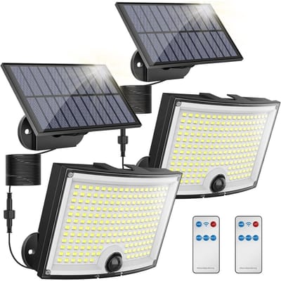 GELLDG 2 stuks solar lampen - 202 LED's - met bewegingssensor - IP65 waterdicht - 120° stralingshoek - solar wandlamp - met 5 meter kabel - geschikt voor tuinen, voordeuren, achtertuinen en veranda's