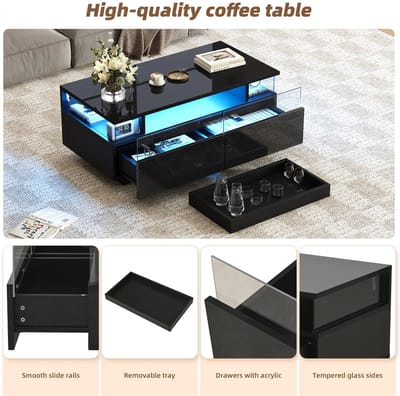 Geargalaxy Bijzettafel met Afneembare Blad - Salontafel - Bijtafel - Neventafel - Sidetable - Met LED Verlichting - 90×45×35,5cm - Zwart