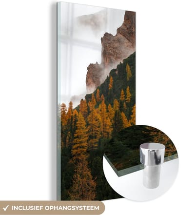 MuchoWow® Glasschilderij 20x40 cm - Schilderij acrylglas - Dennenboom - Herfst - Berg - landschap - Foto op glas - Schilderijen