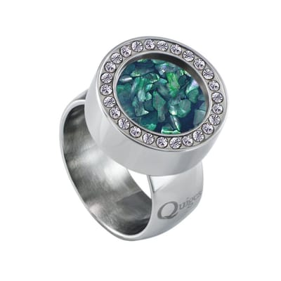 Quiges RVS Schroefsysteem Ring met Zirkonia Zilverkleurig Glans 16mm met Verwisselbare Donkerblauwe Vlokjes Schelp 12mm Mini Munt